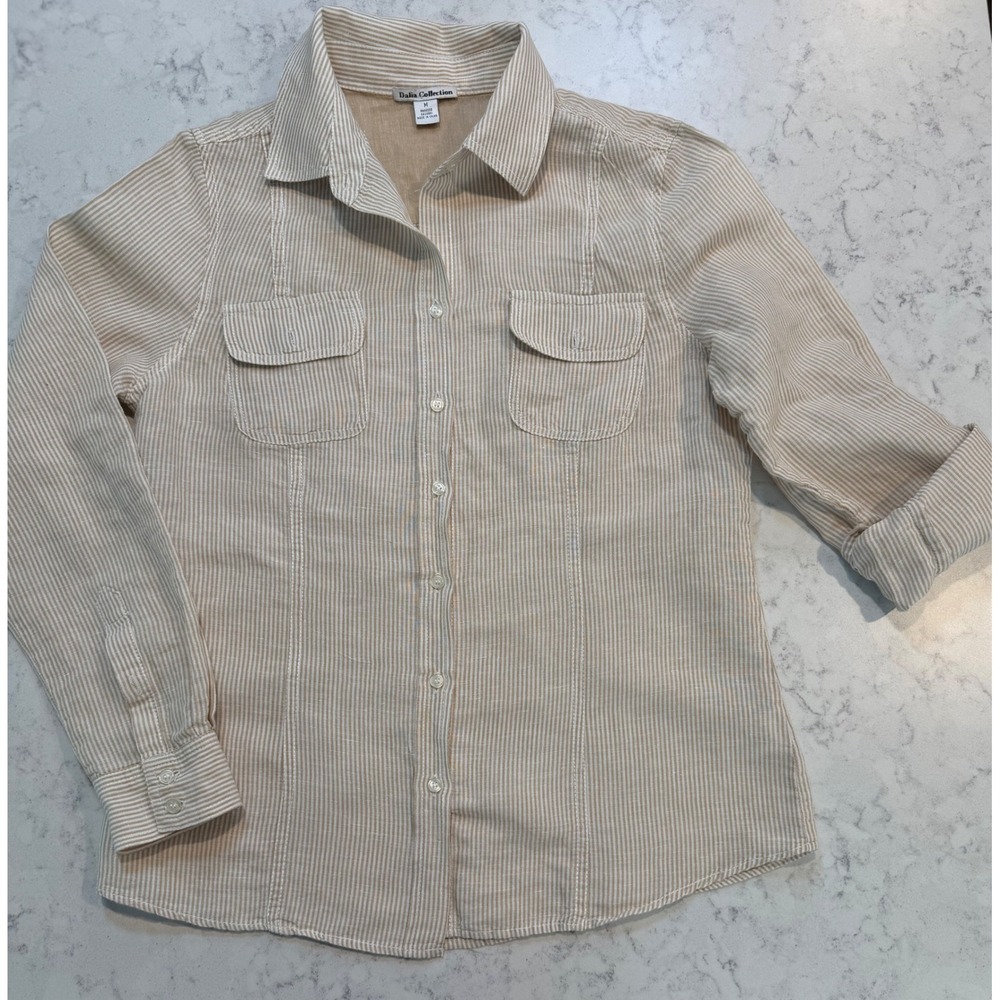 Dalia Collection Tan White Striped Button Down Shirt Womens Medium Chest Pockets